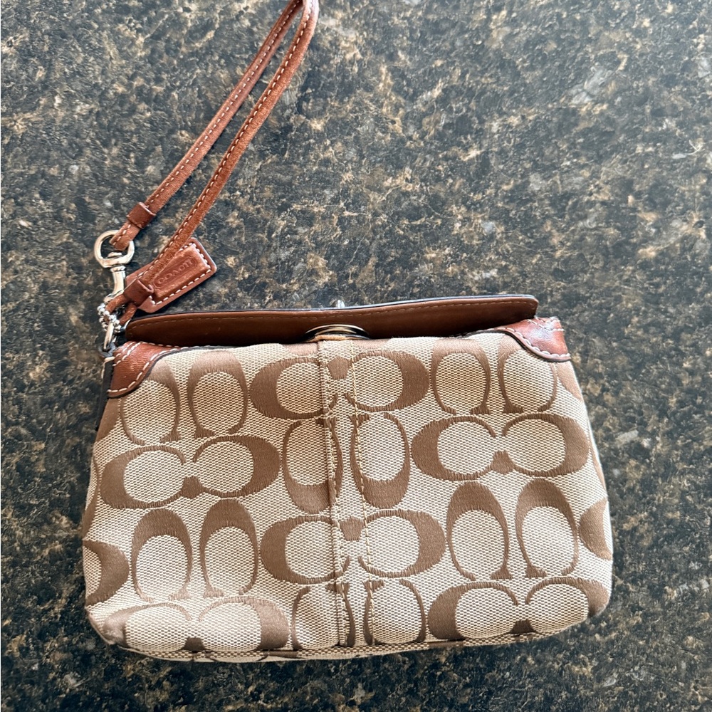 Coach Tan & Brown Signature Canvas Wristlet